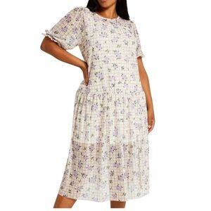 River Island beige purple Window pane floral lace drop waist midi dress 24 NWT